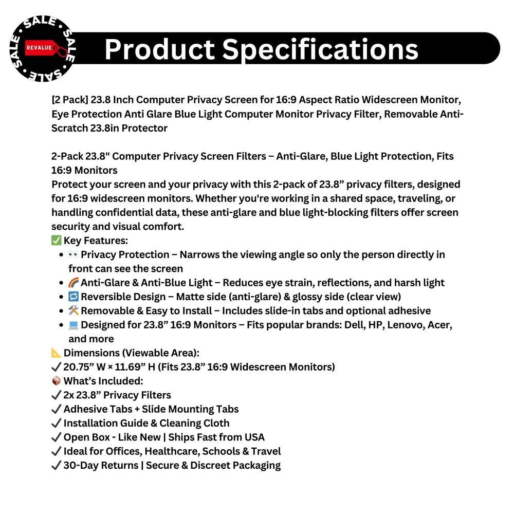 23.8"‎ Computer Privacy Filter 2-Pack Anti-Blue Light Anti-Glare Removable 16:9 - Picture 2 of 13